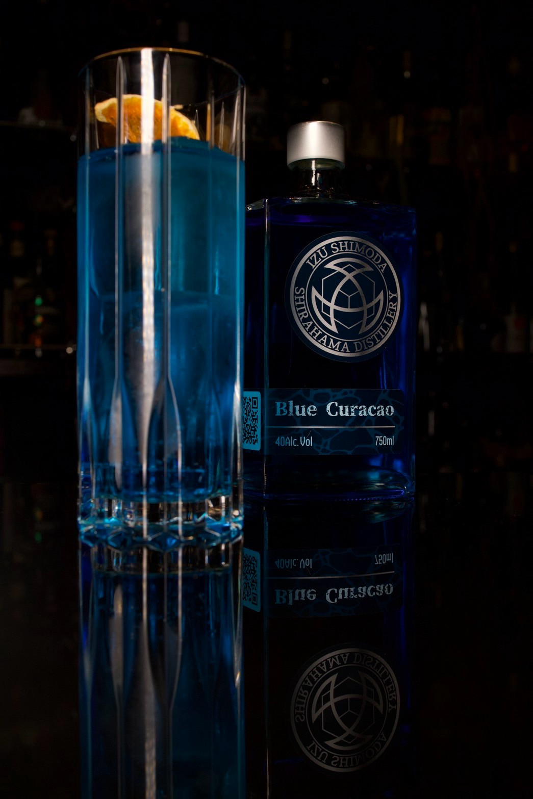 A Cocktail of Japanese craft BlueCuraçao served at Cocktail Bar Raven, Tokyo.